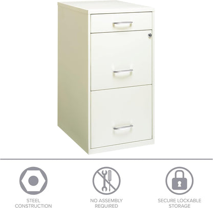 Pearl white Hirsh 18-inch deep 3-drawer metal file cabinet by Peach Maple, showing sturdy metal drawers and sleek furniture design.