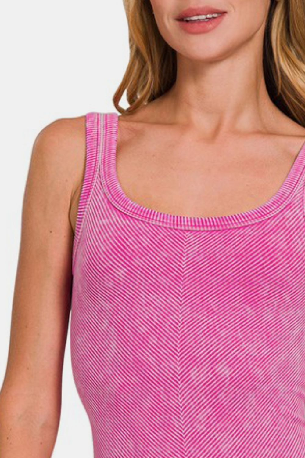 Jade Icarus Zenana ribbed scoop neck tank top with fitted design and sleeveless style, displayed on a flat surface.