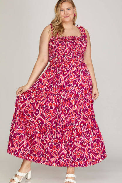 She + Sky full-size smocked printed tiered dress with wide straps, featuring colorful floral patterns, by Jade Icarus.