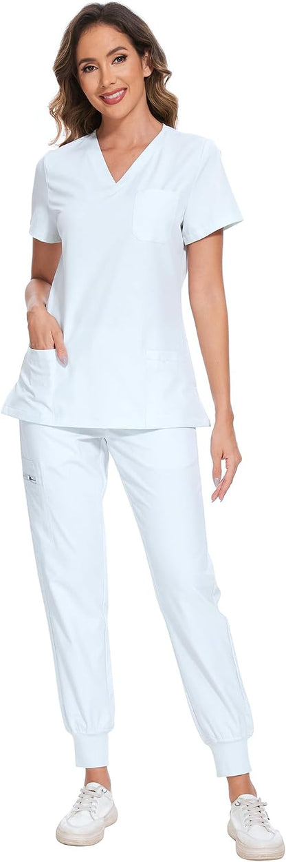 COZYFIT Scrubs for Women – Stretch V-Neck &amp; Jogger Pant Set with 9 Pockets