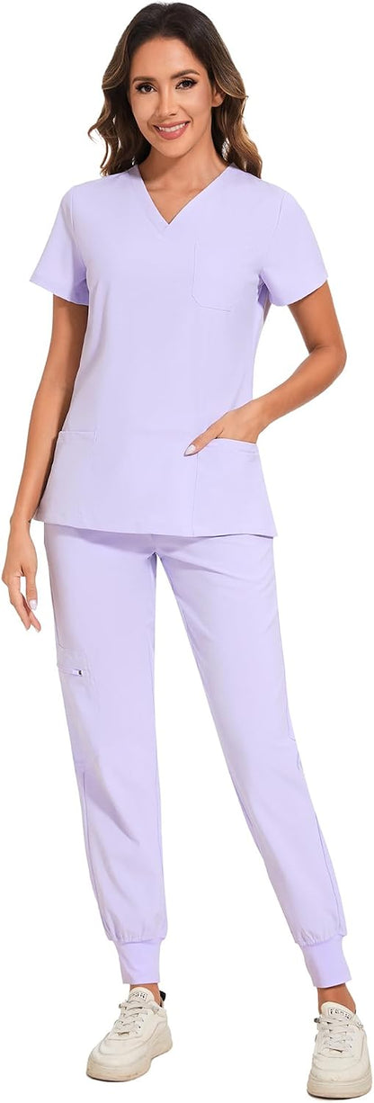 COZYFIT Scrubs for Women – Stretch V-Neck &amp; Jogger Pant Set with 9 Pockets