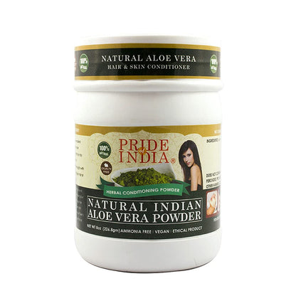 Azure Eurybia Hair Bliss natural aloe vera herbal hair and skin conditioning powder in a green container with aloe vera leaves.