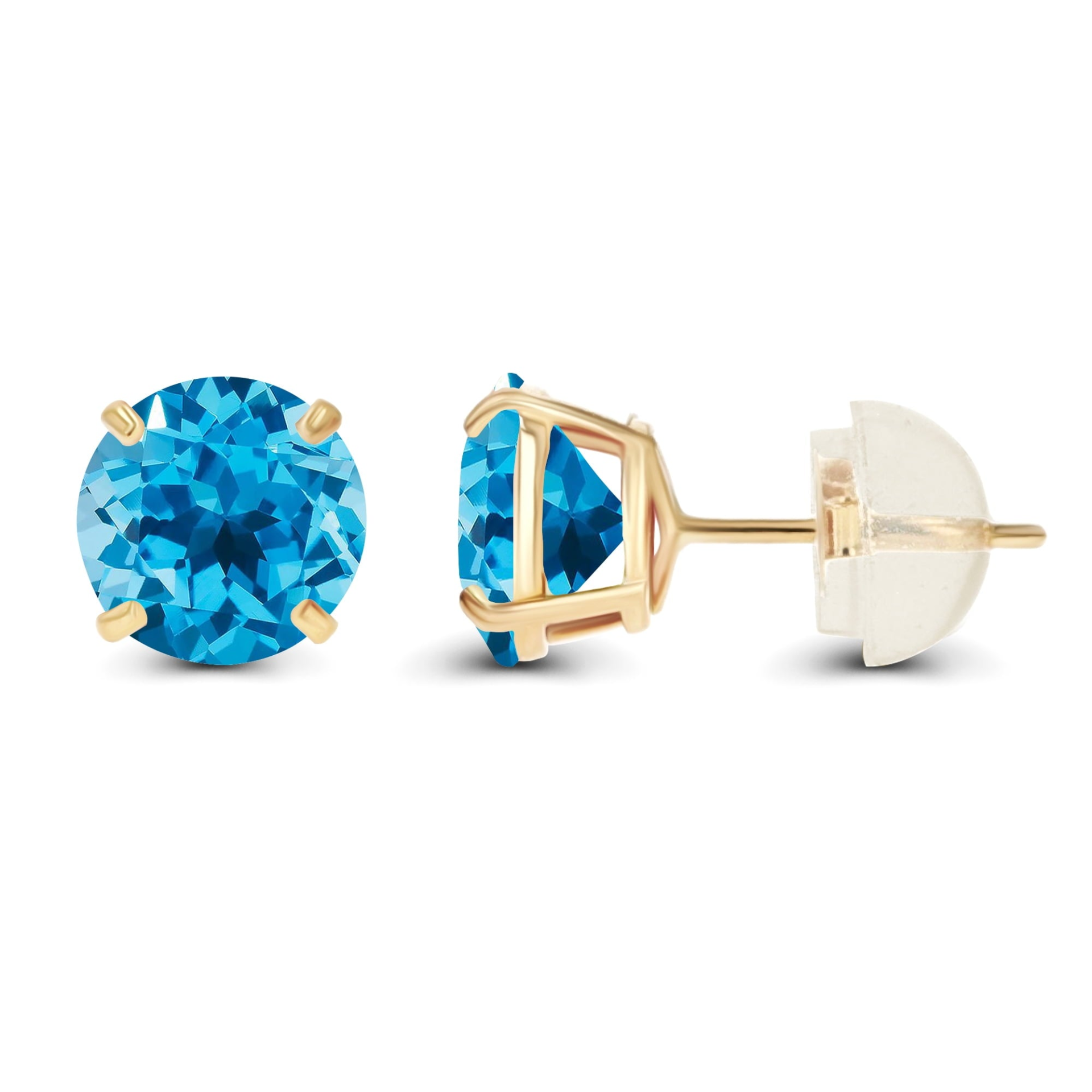 Natural Swiss Blue Topaz stud earrings with 2.00 CTW in 14K yellow gold, featuring sparkling blue gemstones and gold prongs.