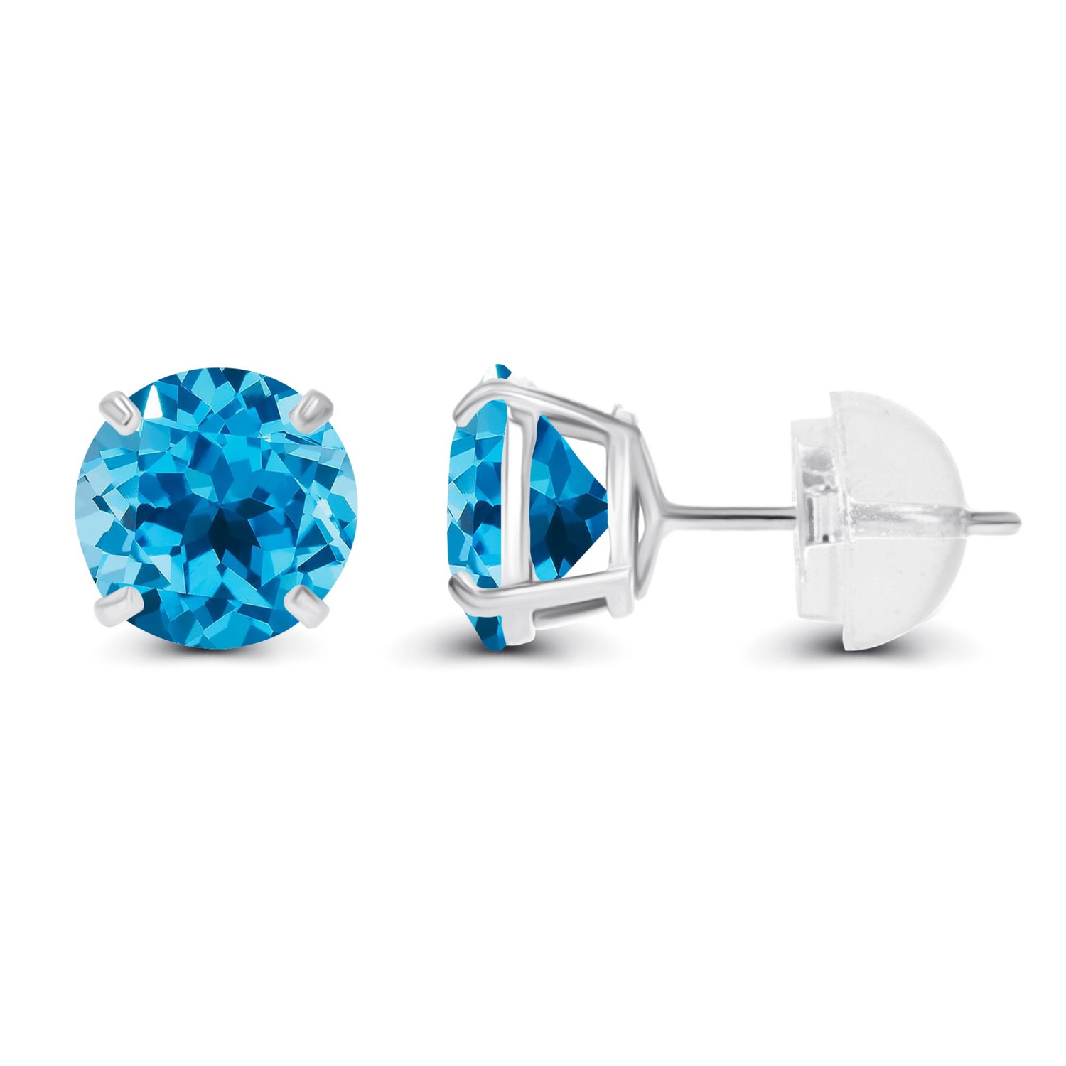 Natural Swiss Blue Topaz stud earrings in 14K white gold with 2.00 carats total weight, featuring a sparkling blue gemstone.