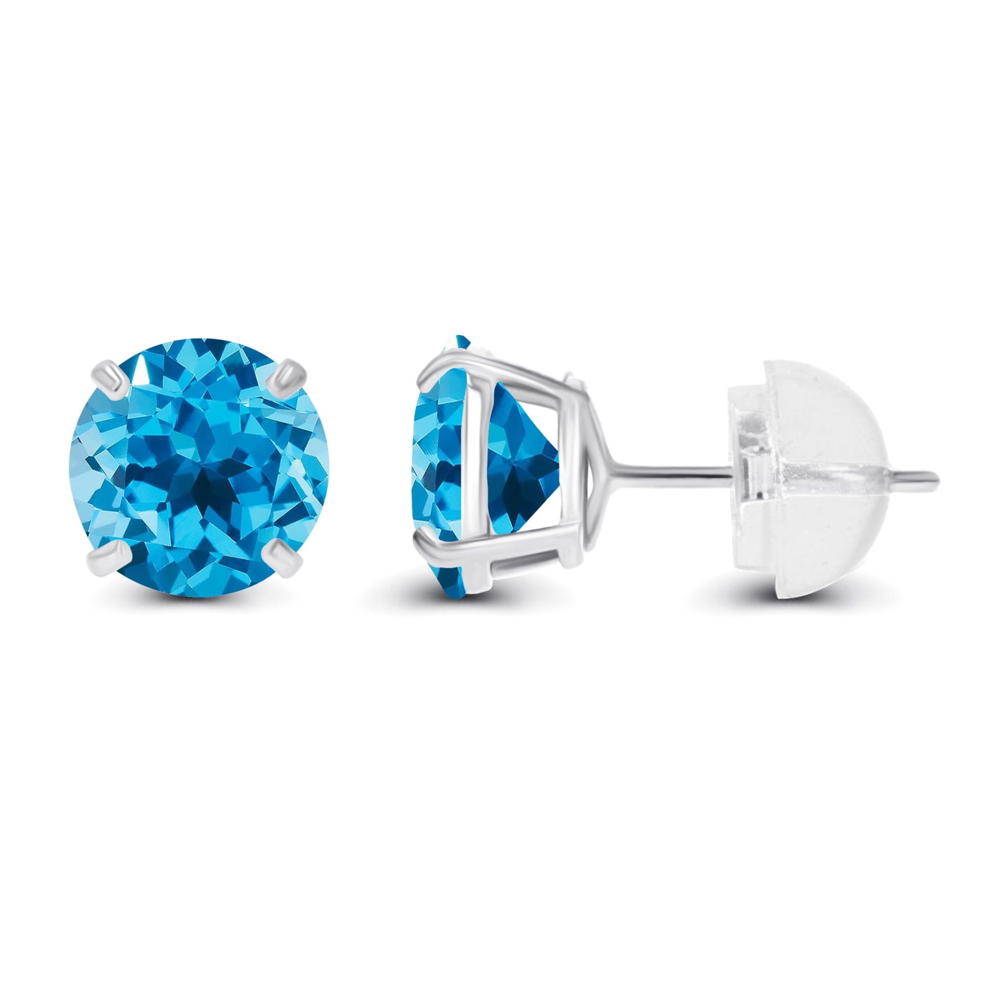 Natural Swiss Blue Topaz stud earrings in 14K white gold with 2.00 carats total weight, featuring a sparkling blue gemstone.