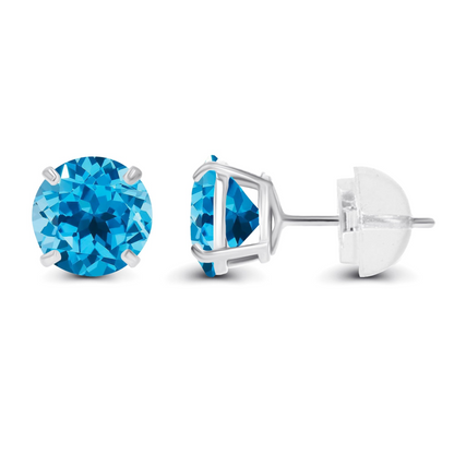 Natural Swiss Blue Topaz stud earrings in 14K white gold with 2.00 carats total weight, featuring a sparkling blue gemstone.
