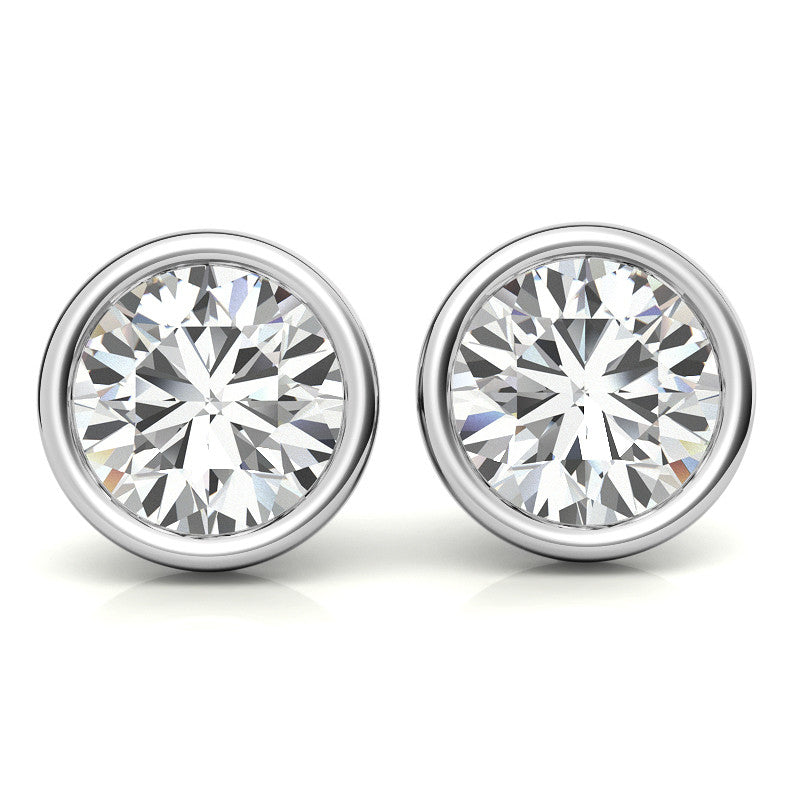 Round bezel lab-grown diamond stud earrings in 14K white or yellow gold, 2.00 or 3.00 carat total weight.