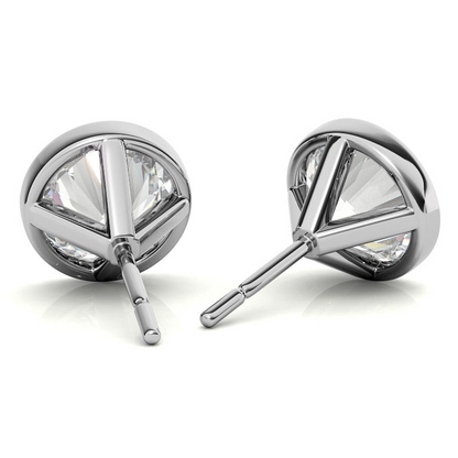 Round bezel lab-grown diamond stud earrings in 14K white or yellow gold, featuring 2.00 or 3.00 carat total weight.