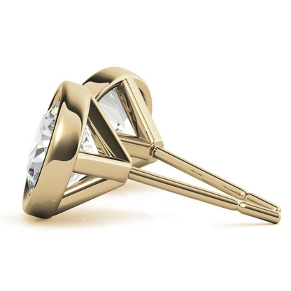 Round bezel lab-grown diamond stud earrings in 14K white or yellow gold with 2.00 or 3.00 carat total weight, from Start2Finish.