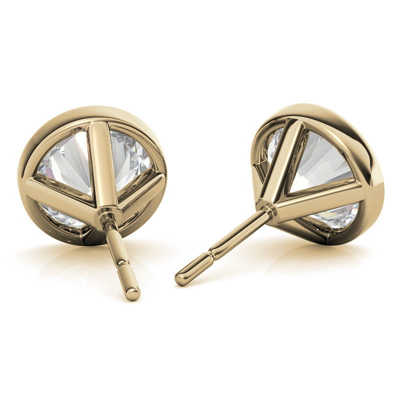 Bezel round lab grown diamond stud earrings in 14K white or yellow gold, featuring 2.00 or 3.00 CTW gemstones.