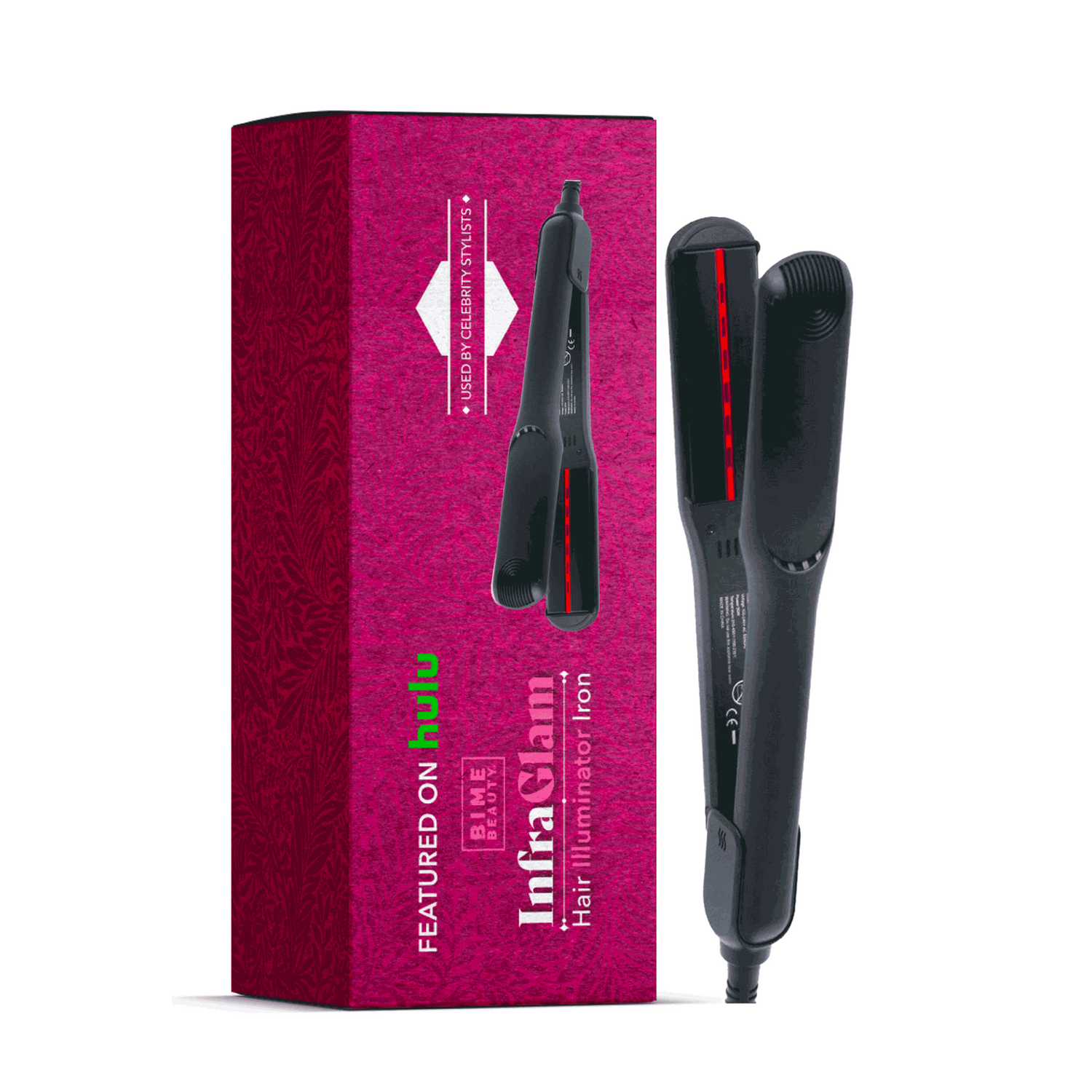 InfraGlam Hair Illuminator Iron by BimeBeauty, a sleek beauty hair tool with glowing LED lights for shine and styling.