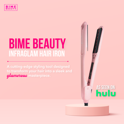 InfraGlam Hair Illuminator Iron by BimeBeauty, a sleek beauty tool with a glossy finish and textured grip for hair styling.