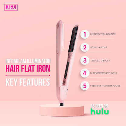 InfraGlam Hair Illuminator Iron by BimeBeauty, a sleek beauty tool with a ceramic heating plate for radiant hair styling.