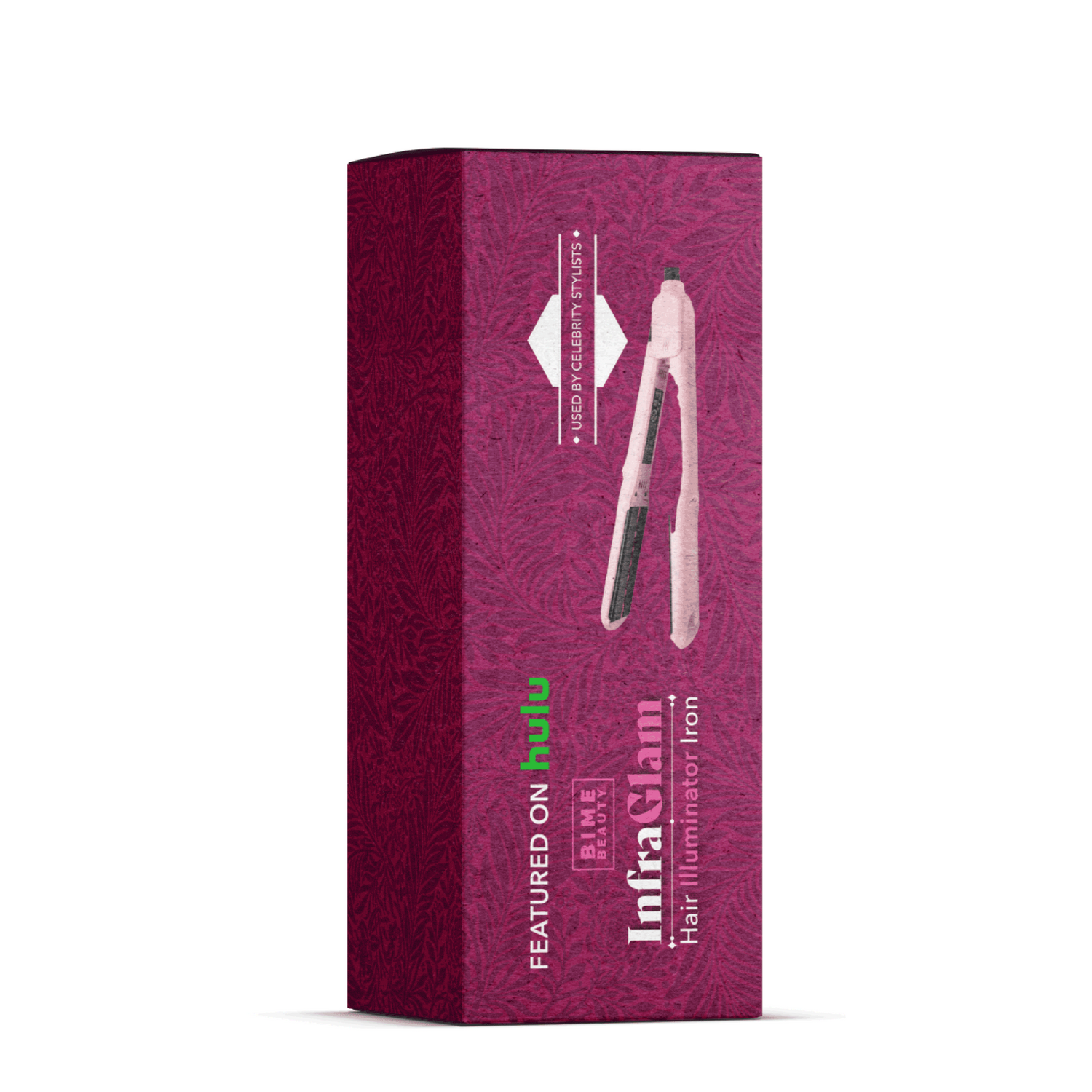 InfraGlam Hair Illuminator Iron by BimeBeauty, a sleek beauty tool with ceramic plates for shiny, luminous hair styling.