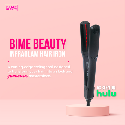 InfraGlam Hair Illuminator Iron by BimeBeauty, a sleek beauty tool with ceramic plates for shiny, smooth hair styling.