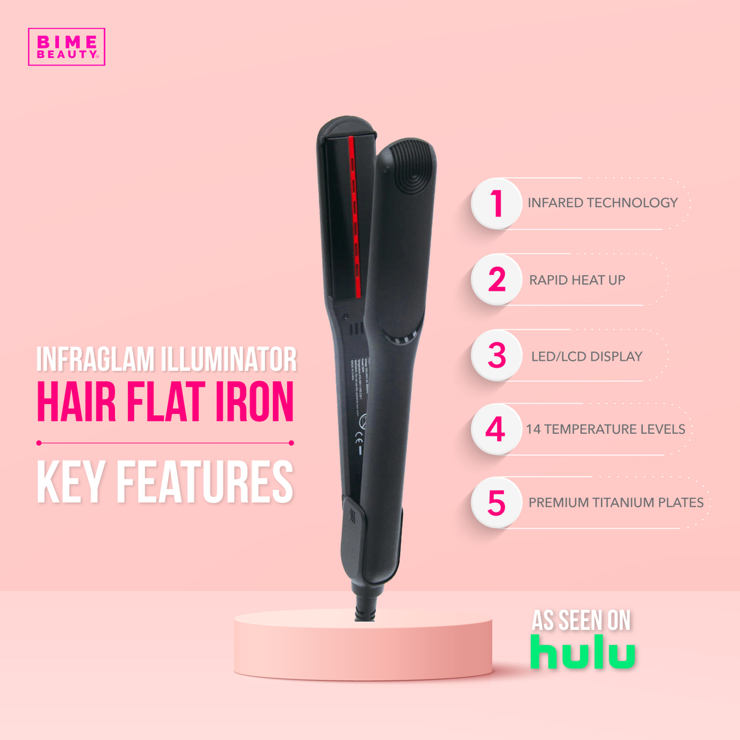 InfraGlam Hair Illuminator Iron by BimeBeauty for radiant hair shine, shown in a sleek beauty tool design image.