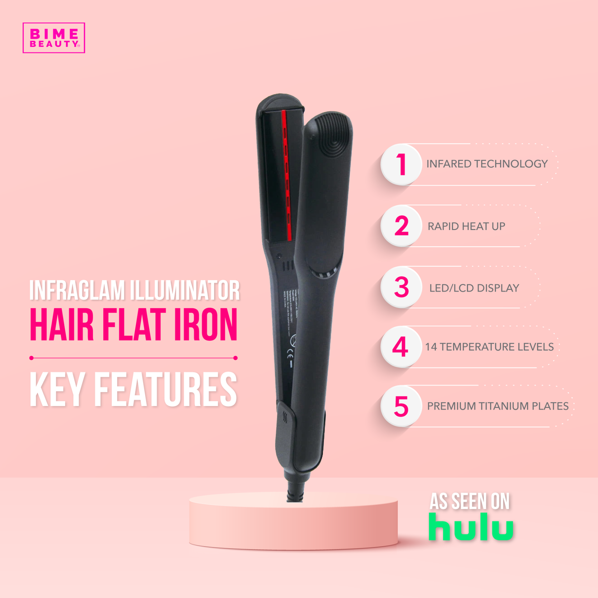 InfraGlam Hair Illuminator Iron by BimeBeauty for radiant hair shine, shown in a sleek beauty tool design image.
