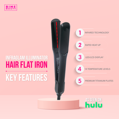 InfraGlam Hair Illuminator Iron by BimeBeauty for radiant hair shine, shown in a sleek beauty tool design image.