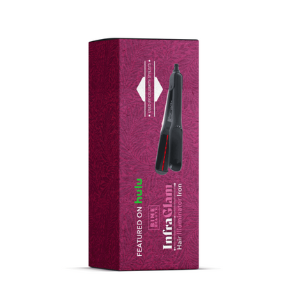 InfraGlam Hair Illuminator Iron by BimeBeauty, a sleek beauty iron with a shiny metallic finish for hair lightening and shine.