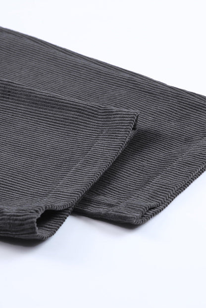 Gray corduroy high waist straight leg pants by Carmine Juneberry, shown with a close-up of the textured fabric and classic fit.