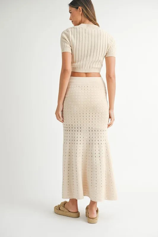 Pear Daisy MABLE Pointelle short sleeve crop top and slit skirt sweater set, cozy home and garden stylish outfit.
