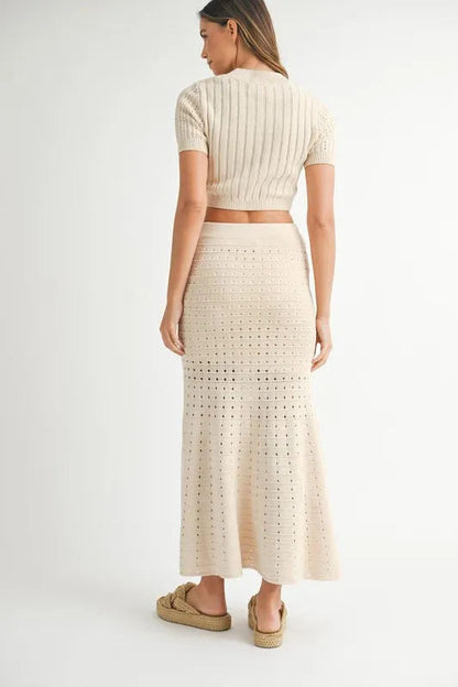 Pear Daisy MABLE Pointelle short sleeve crop top and slit skirt sweater set, cozy home and garden stylish outfit.