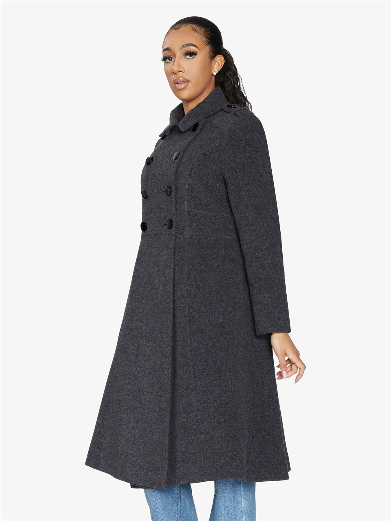 Rose Eleusis A-Line double-breasted coat, stylish jacket with tailored fit, front buttons, and classic collar in neutral fabric.