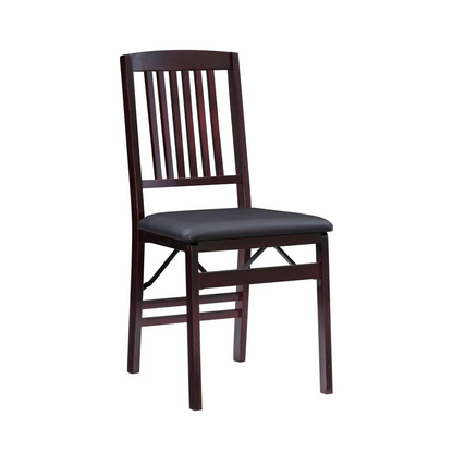 Two Triena 18-inch mission back folding chairs by Start2Finish, featuring wooden frames and fabric seats, set against a plain background.