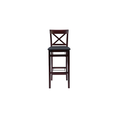 Start2Finish Triena 30-inch back foldable bar stool with X-style backrest, wooden seat, and metal frame for versatile furniture use.