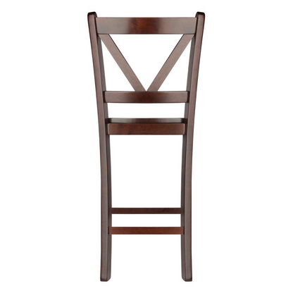 Pair of Start2Finish Victor 2-piece 24-inch V-back counter stools with wooden legs and upholstered seats.