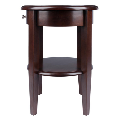 Start2Finish Concord round end table with drawer and shelf, featuring a wooden surface and modern design.