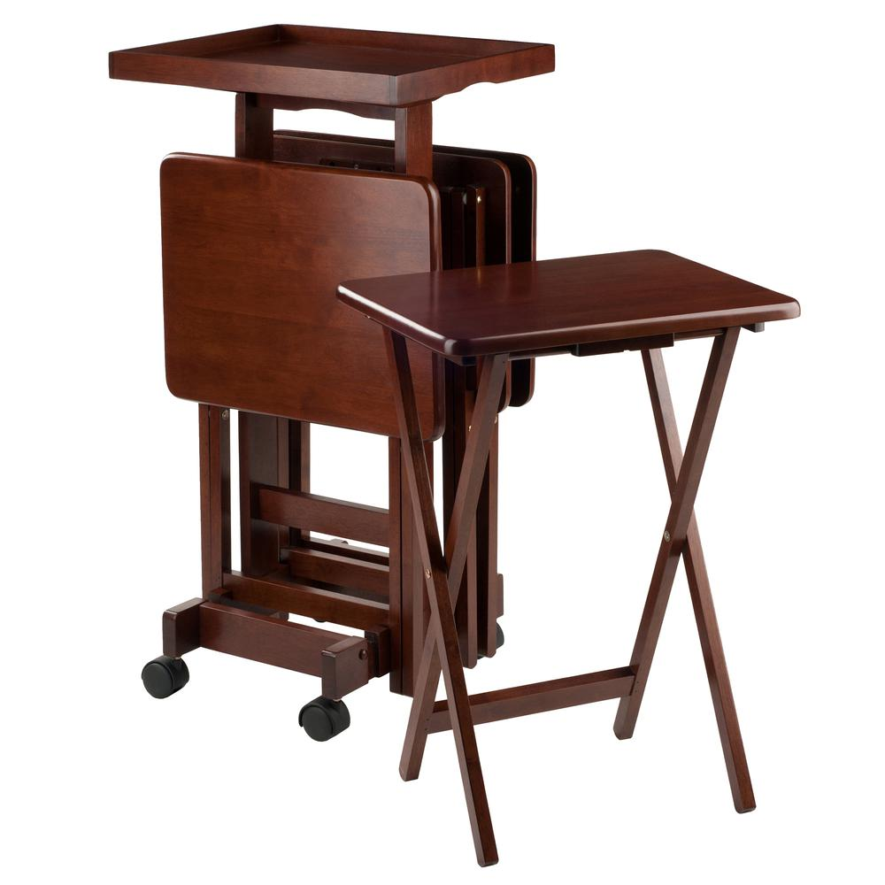 Set of six walnut snack tables from Start2Finish, featuring sleek tabletop surfaces and sturdy wooden legs.