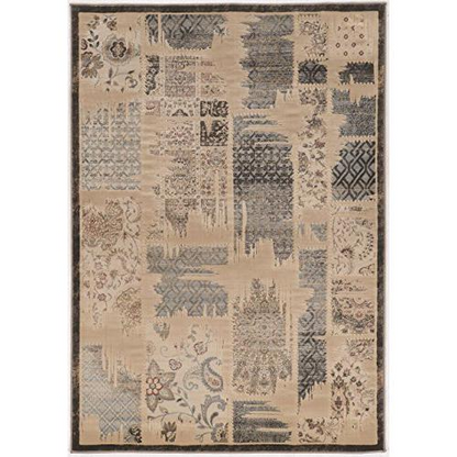 Start2Finish Jewel PatchWork beige and blue rug, 8x10.3 feet, with intricate patchwork design and soft fabric texture.