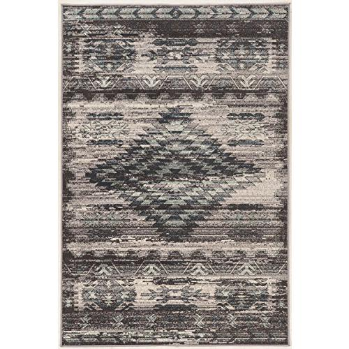 Vintage Aztek grey and charcoal 5x7.6 rug by Start2Finish with intricate geometric patterns on soft woven fabric