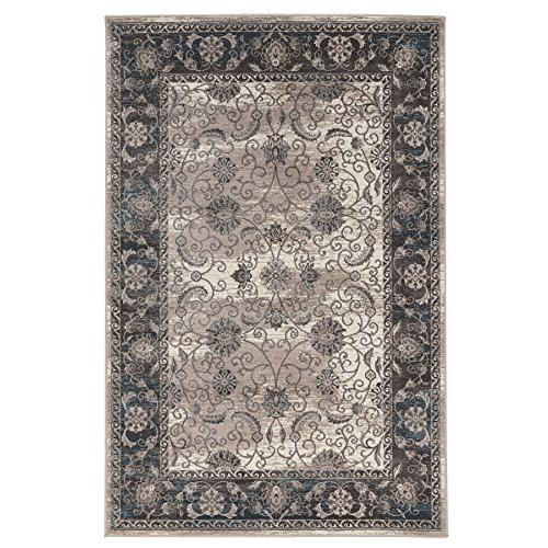 Vintage Isfahan grey and charcoal 5x7.6 rug by Start2Finish with intricate Persian-inspired patterns and detailed fringed edges.