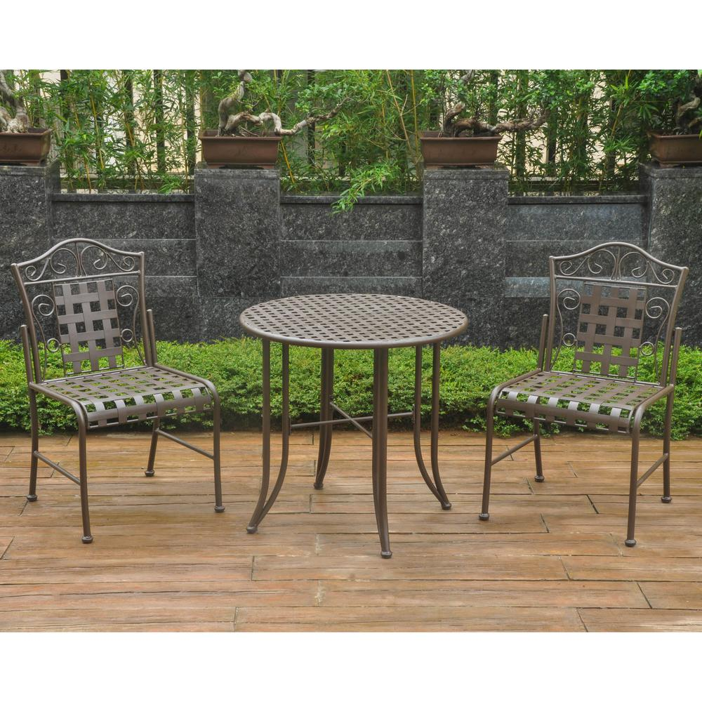 Set of three Mandalay Iron Bistro Set by Start2Finish featuring black iron chairs and a matching table for outdoor seating.