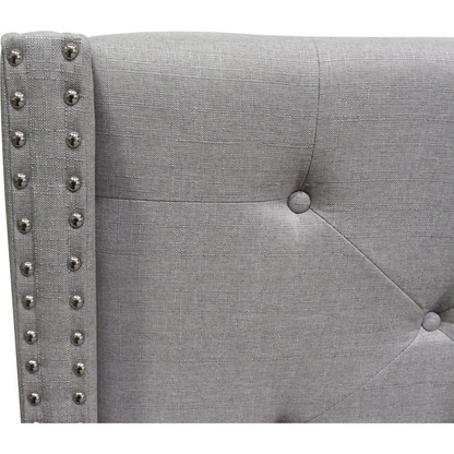 Gray upholstered wingback East King platform bed with fabric, featuring a modern design and sturdy wooden frame by Start2Finish.