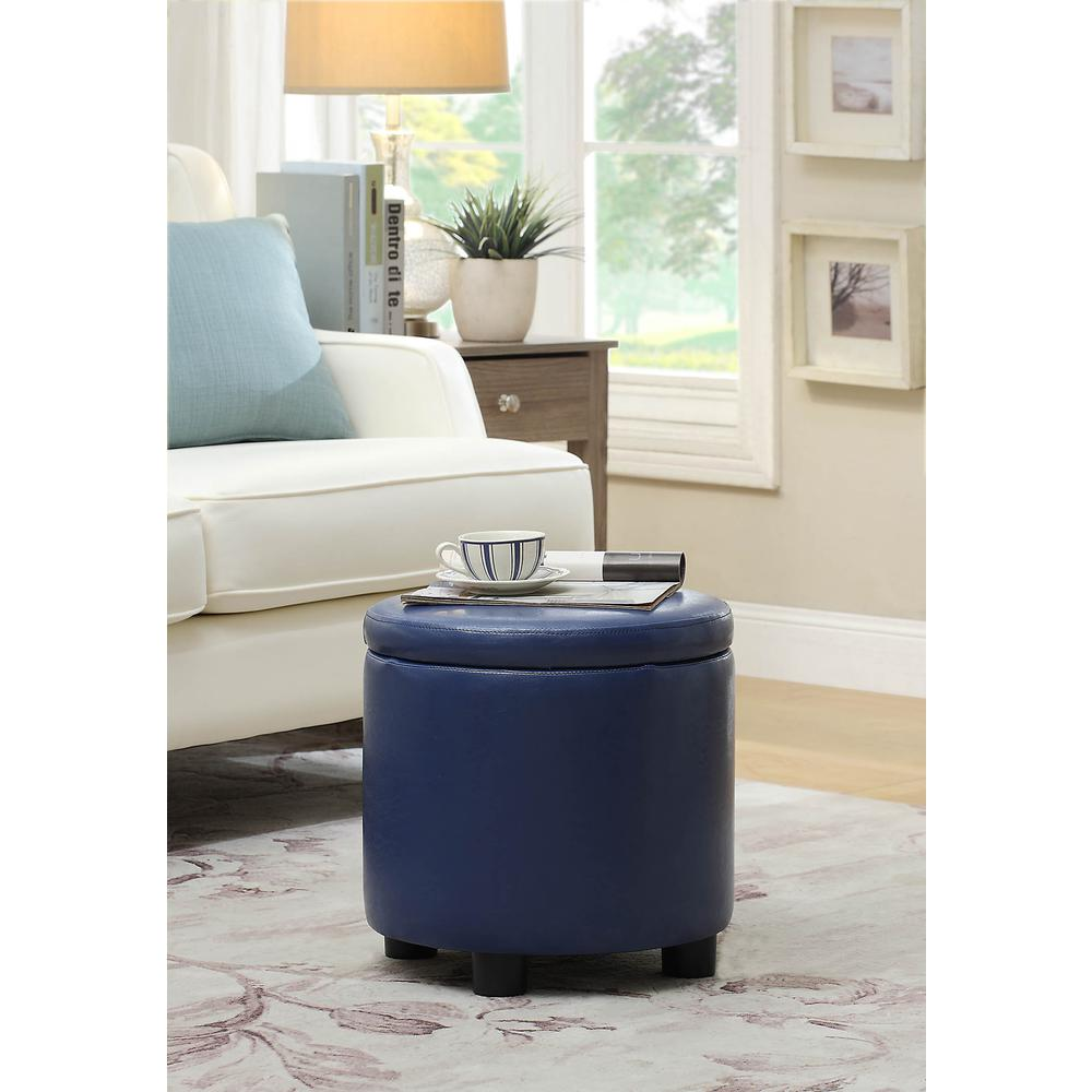 Start2Finish Designs 4 Comfort round accent storage ottoman with reversible tray lid, upholstered in neutral fabric, open and closed views.