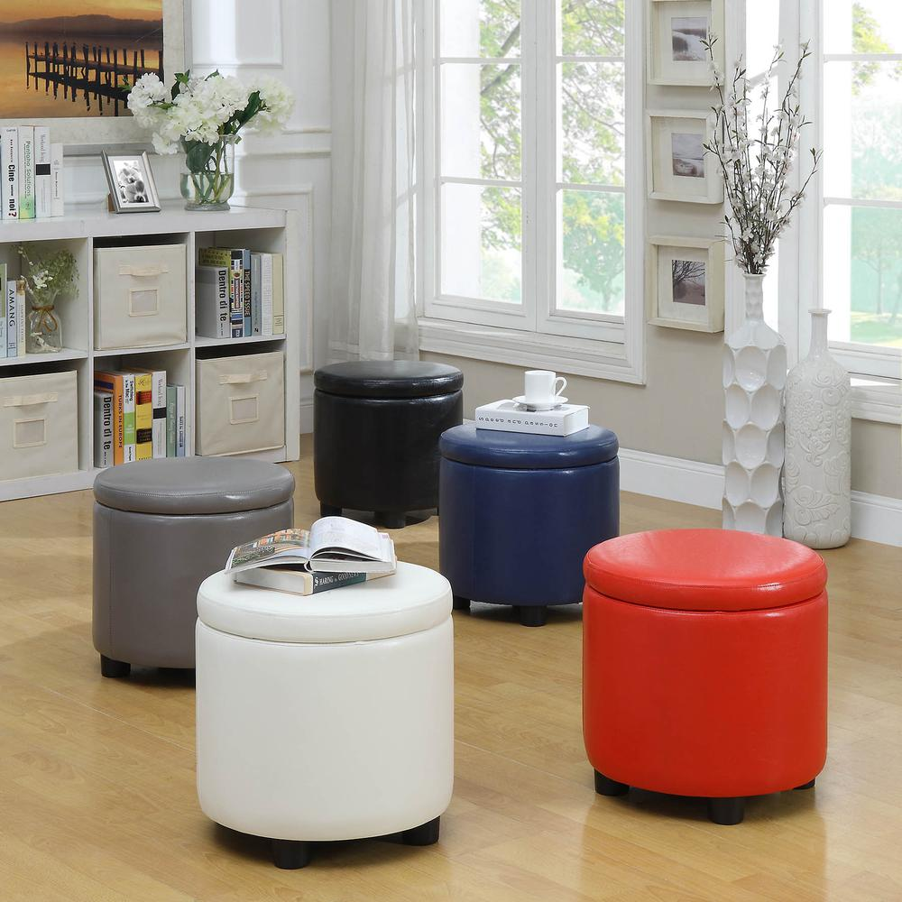 Start2Finish Designs 4 Comfort round accent storage ottoman with reversible tray lid, featuring plush upholstery and compact design.