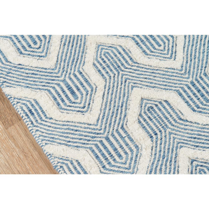 Blue contemporary rectangle area rug with geometric patterns, measuring 3&