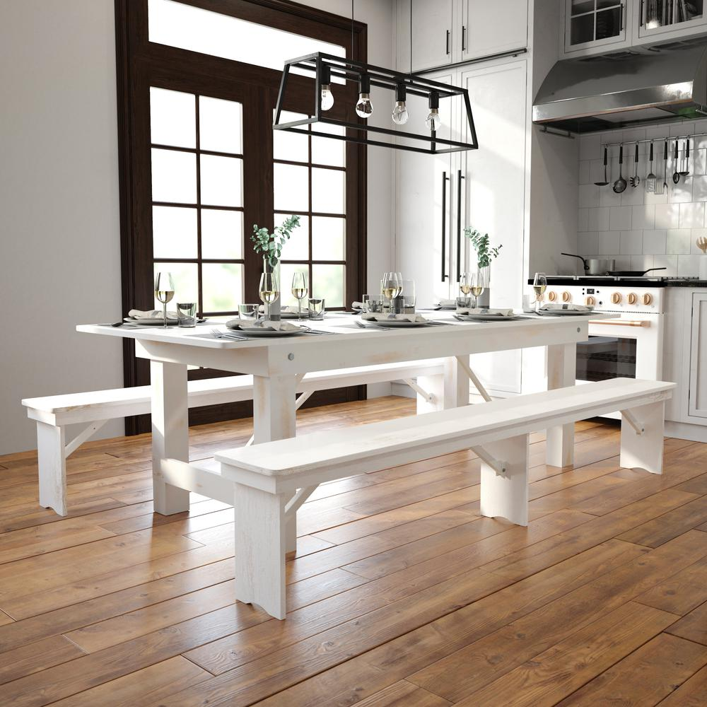 Rustic white solid pine rectangular folding farm table, 8 feet by 40 inches, with antique finish and sturdy construction.