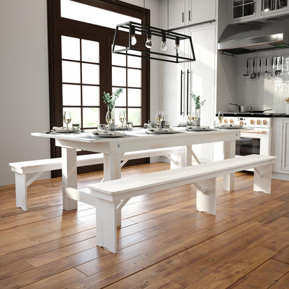 Rustic white solid pine rectangular folding farm table, 8 feet by 40 inches, with antique finish and sturdy construction.