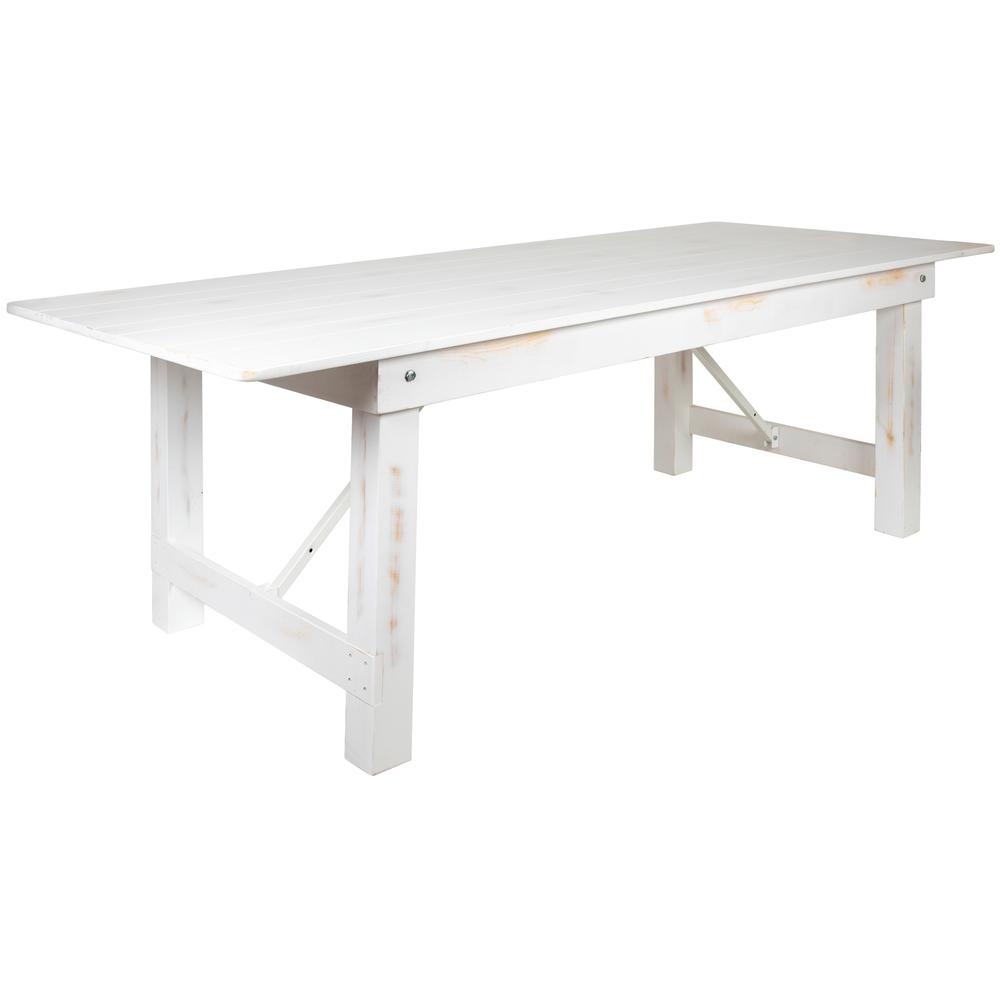 Antique rustic white solid pine folding farm table, 8 feet by 40 inches, with sturdy wooden legs and a classic rectangular design.