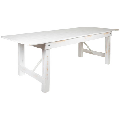 Antique rustic white solid pine folding farm table, 8 feet by 40 inches, with sturdy wooden legs and a classic rectangular design.