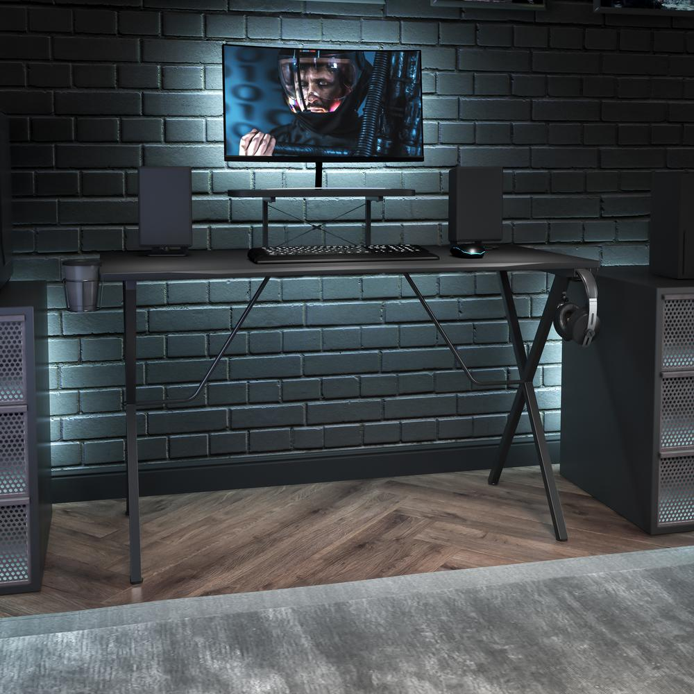 Start2Finish black gaming desk with cup holder, headphone hook, and monitor and smartphone stand for gaming and work setup.