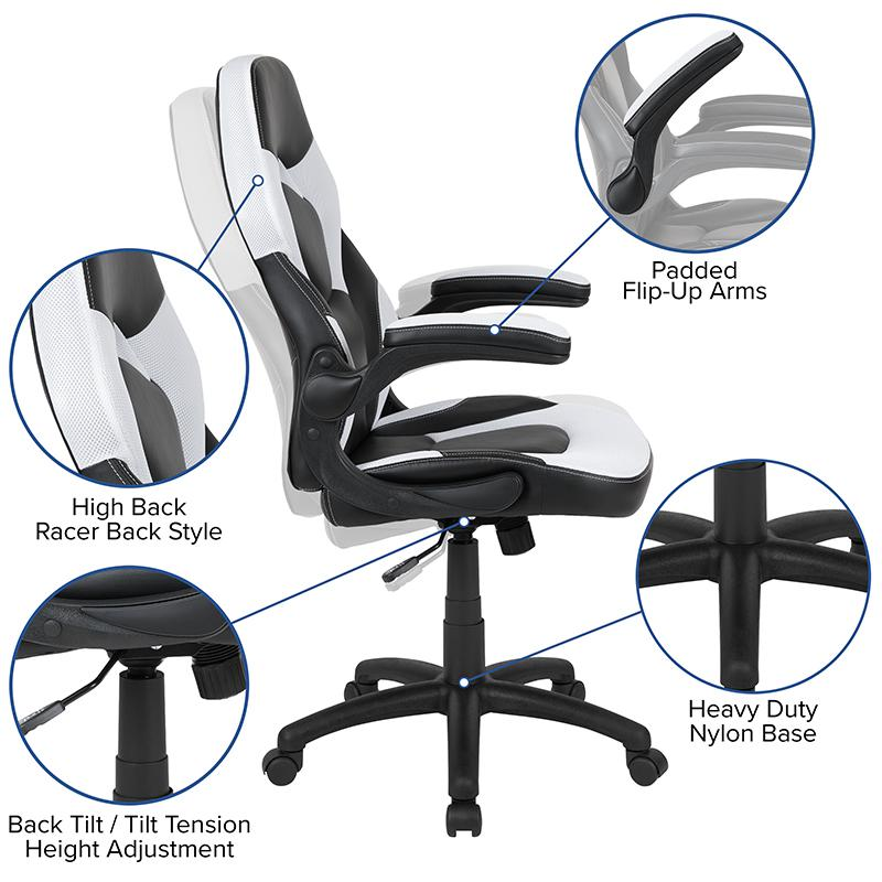 Black gaming desk with a white and black racing chair set from Start2Finish, showcasing ergonomic design and modern furniture style.