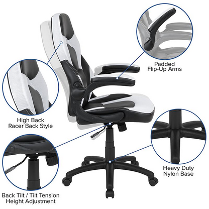 Black gaming desk with a white and black racing chair set from Start2Finish, showcasing ergonomic design and modern furniture style.