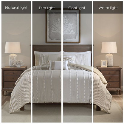Start2Finish 3-piece cotton yarn-dyed duvet cover set featuring a woven pattern and matching pillow shams on a neatly made bed.