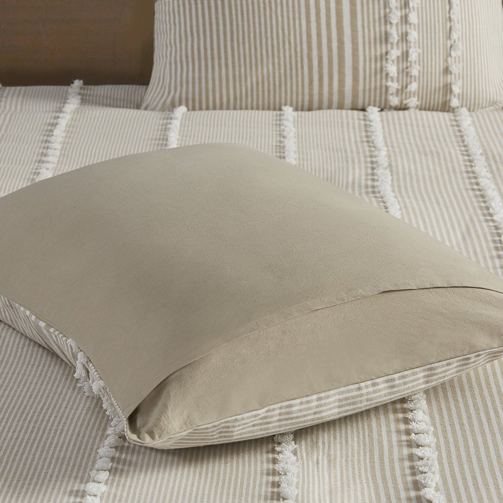Start2Finish cotton yarn dyed duvet cover set with three pieces, featuring a textured, woven fabric in neutral tones.