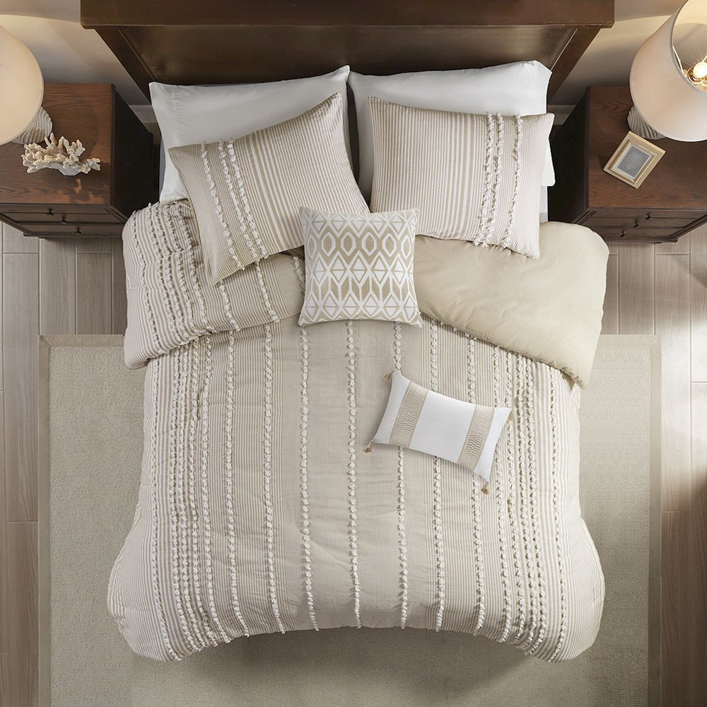 Start2Finish 3-piece cotton yarn-dyed duvet cover set with matching pillowcases, featuring a textured, woven design in neutral tones.